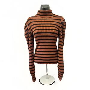 Crave Fame Medium Brown Black Striped Ribbed Mock Neck Puff Sleeve Top